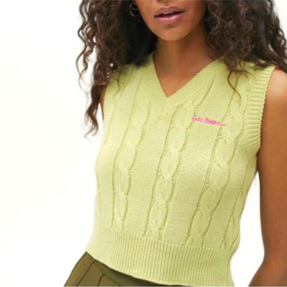iets frans Cable Knit Sweater Vest size Small Y2K fitted Chartreuse Green - Picture 8 of 8